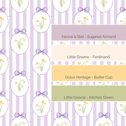 Snowdrops Heritage Stripe Wallpaper - Oval Medallion, Lilac Background 