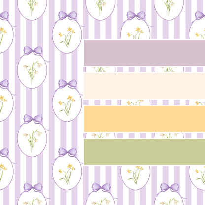 Snowdrops Heritage Stripe Wallpaper - Oval Medallion, Lilac Background 