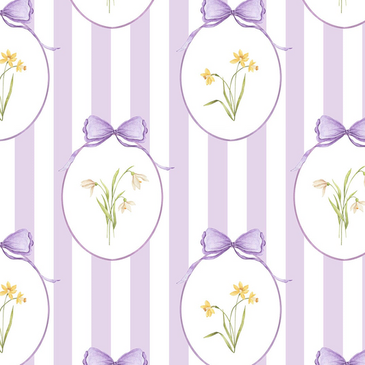 Snowdrops Heritage Stripe Wallpaper - Oval Medallion, Lilac Background 