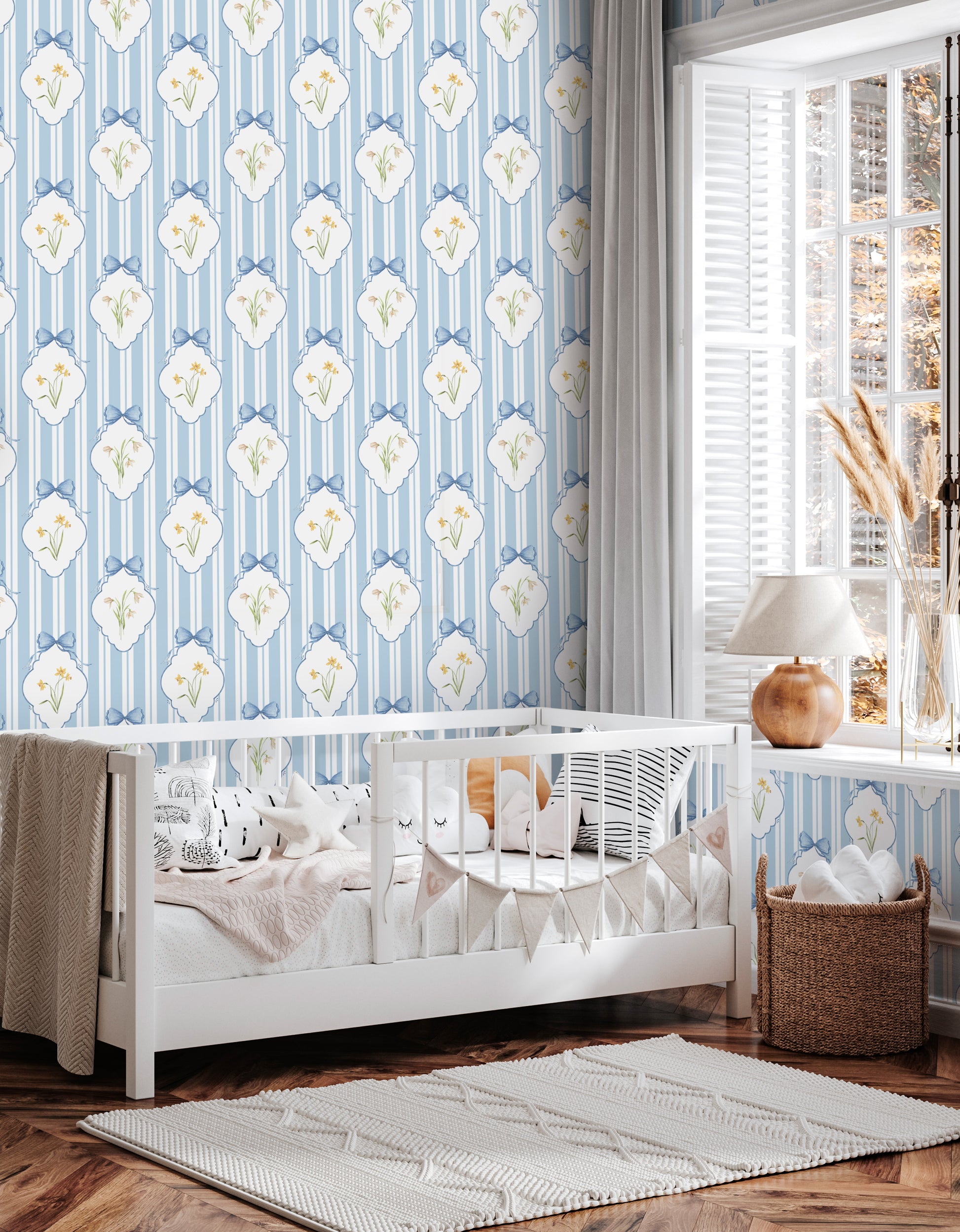 Snowdrops Pinstripe Accent Wallpaper - Diamond Medallion, Blue Background