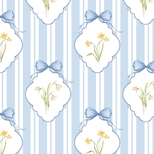 Snowdrops Pinstripe Accent Wallpaper - Diamond Medallion, Blue Background