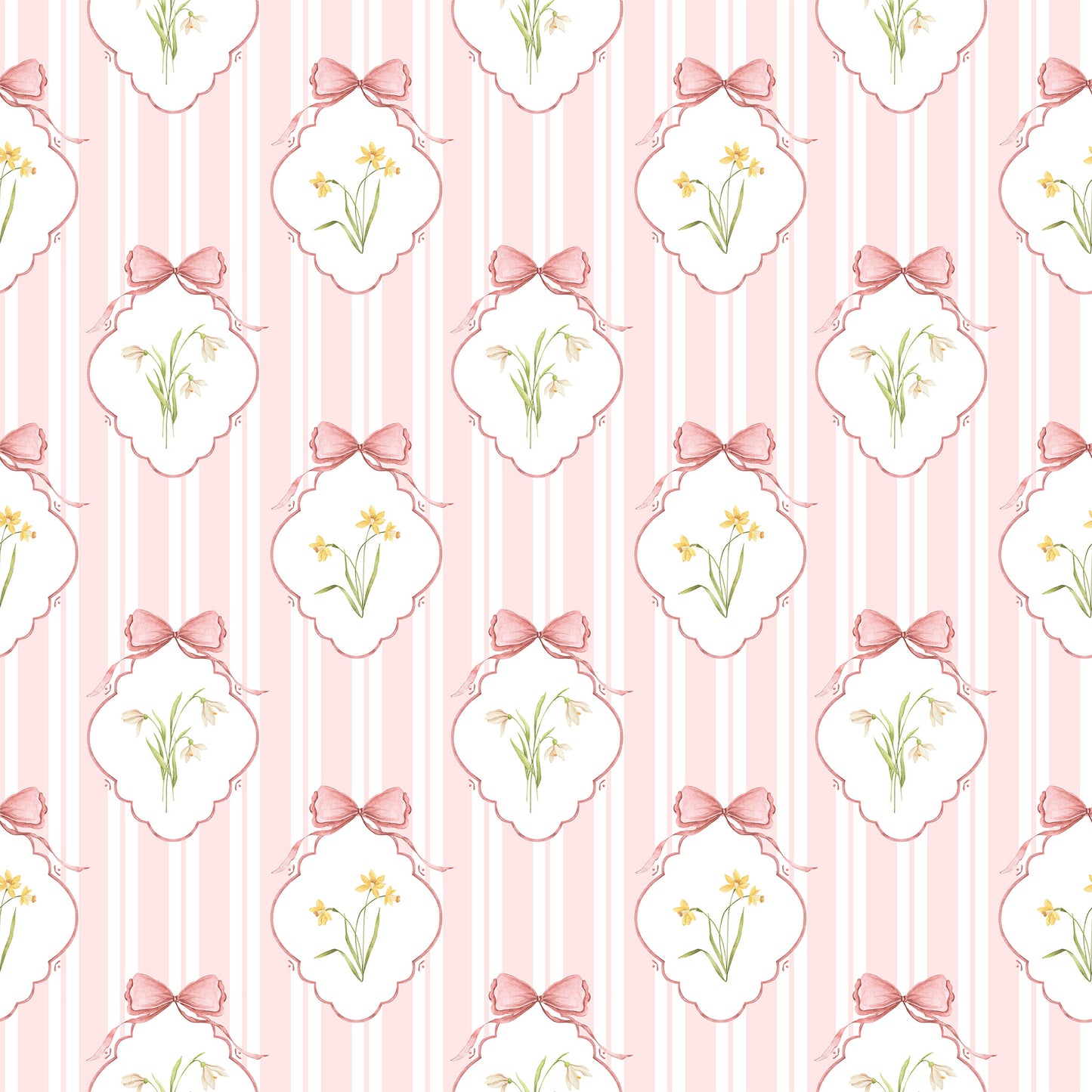 Snowdrops Pinstripe Accent Wallpaper - Diamond Medallion, Coral Background