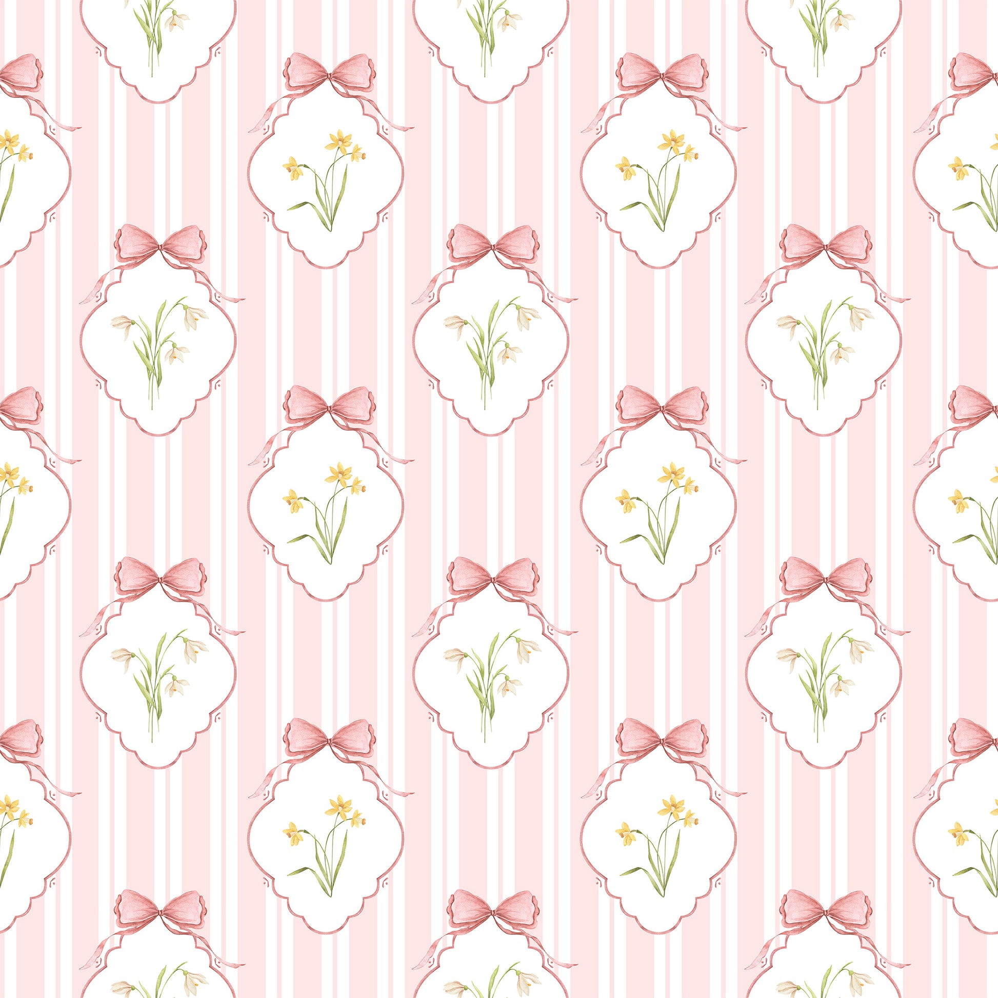 Snowdrops Pinstripe Accent Wallpaper - Diamond Medallion, Coral Background