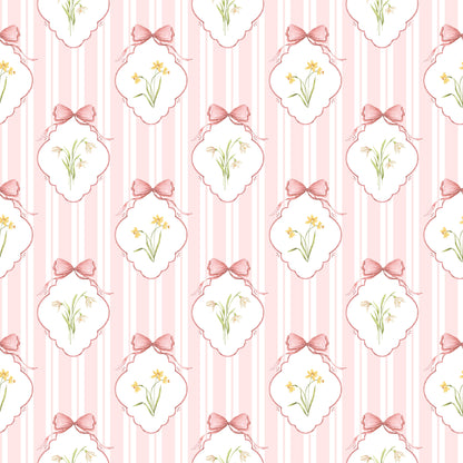 Snowdrops Pinstripe Accent Wallpaper - Diamond Medallion, Coral Background