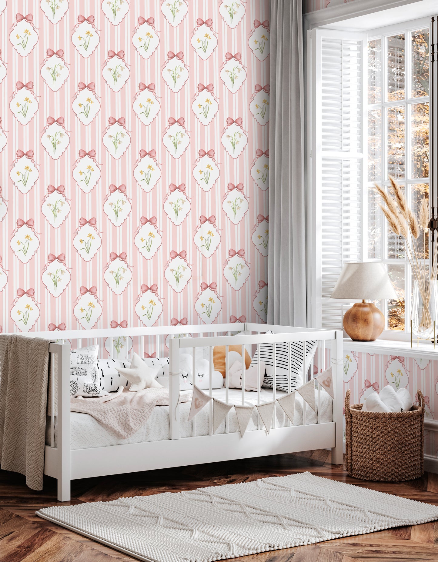 Snowdrops Pinstripe Accent Wallpaper - Diamond Medallion, Coral Background