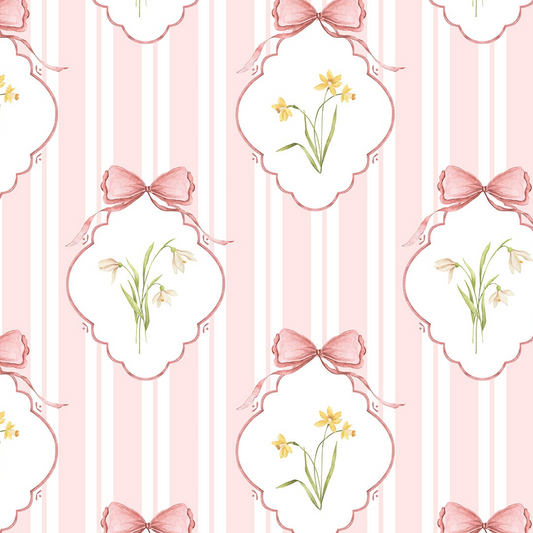 Snowdrops Pinstripe Accent Wallpaper - Diamond Medallion, Coral Background