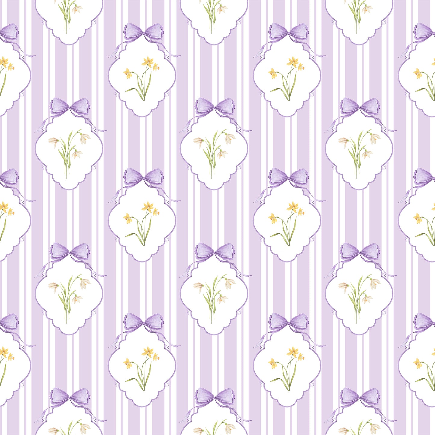 Snowdrops Pinstripe Accent Wallpaper - Diamond Medallion, Lilac Background