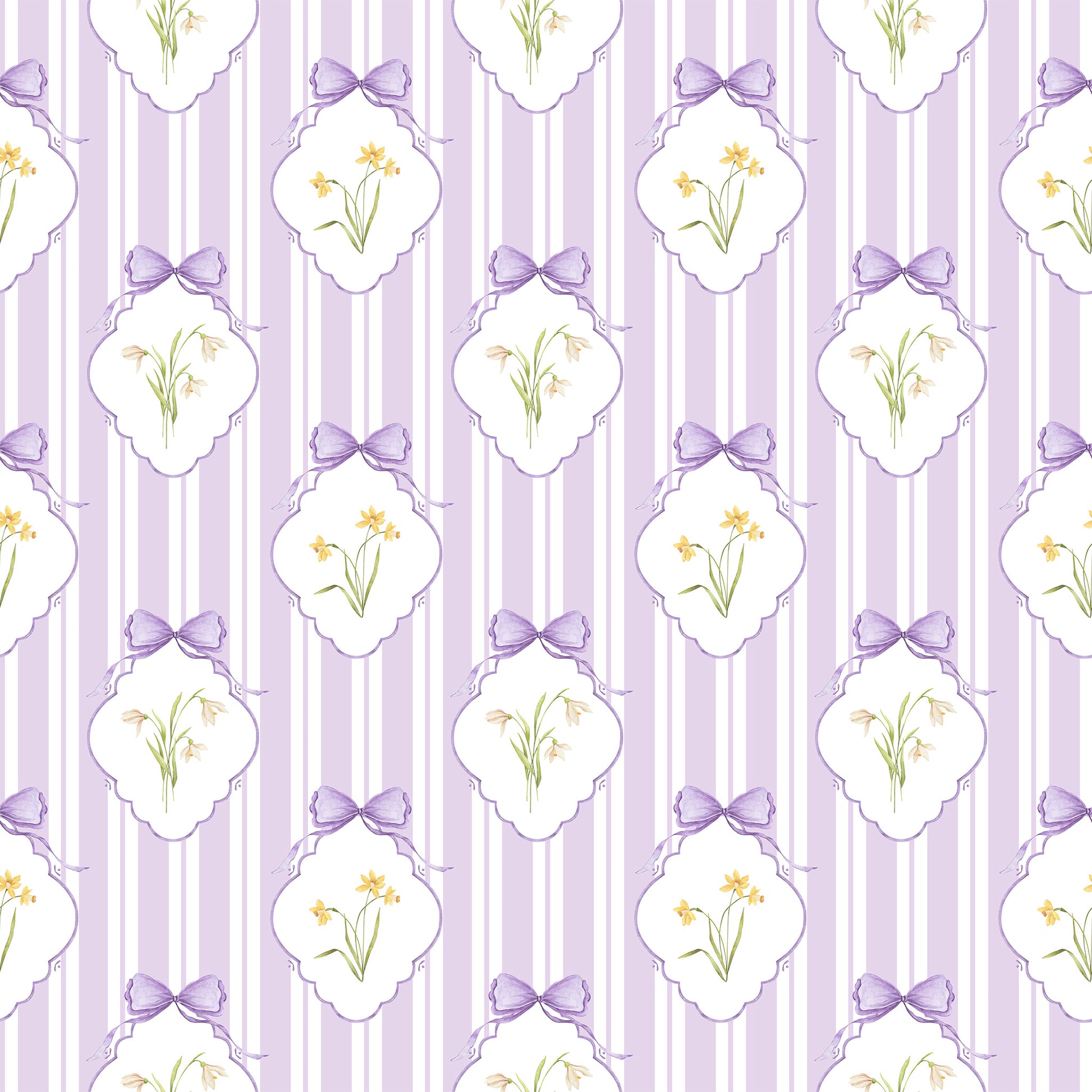Snowdrops Pinstripe Accent Wallpaper - Diamond Medallion, Lilac Background