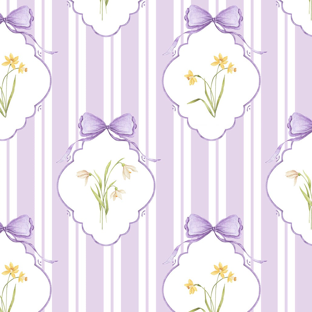 Snowdrops Pinstripe Accent Wallpaper - Diamond Medallion, Lilac Background