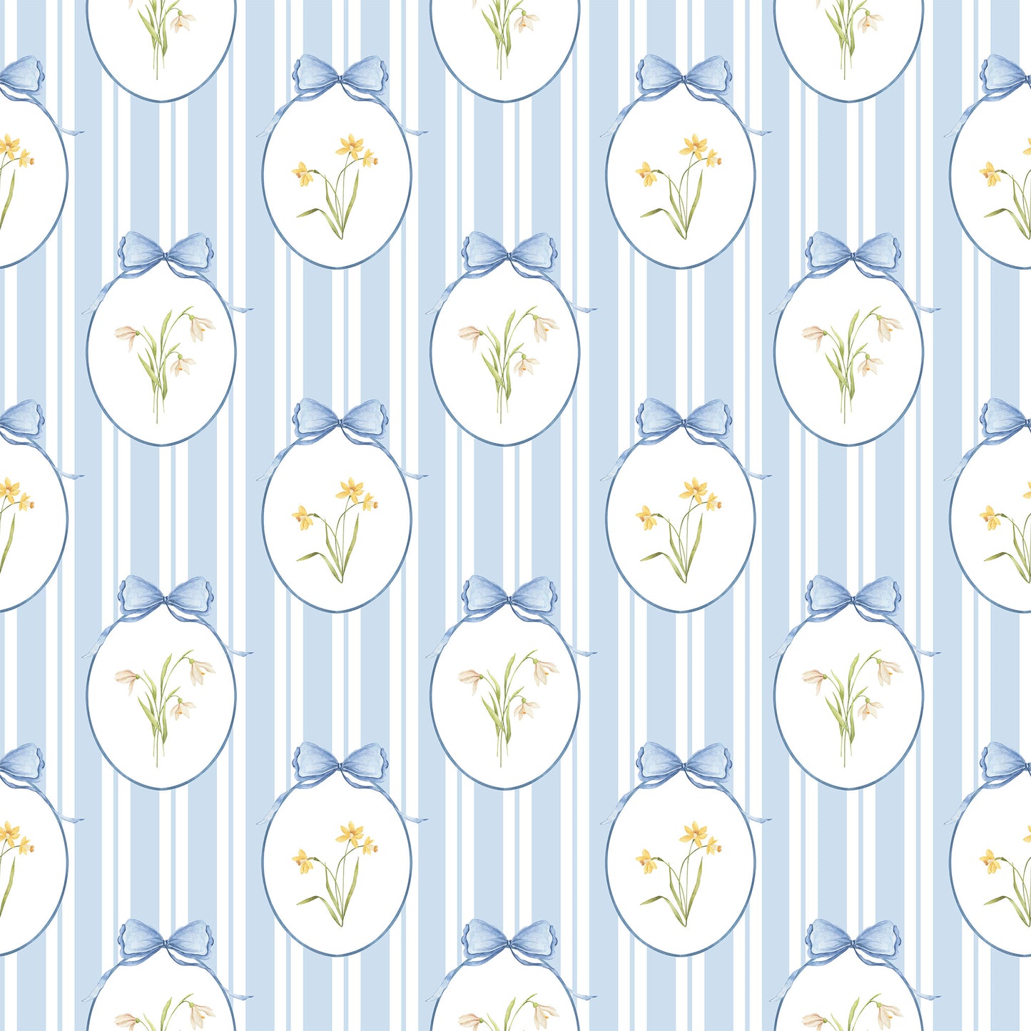 Snowdrops Pinstripe Accent Wallpaper - Oval Medallion, Blue Background