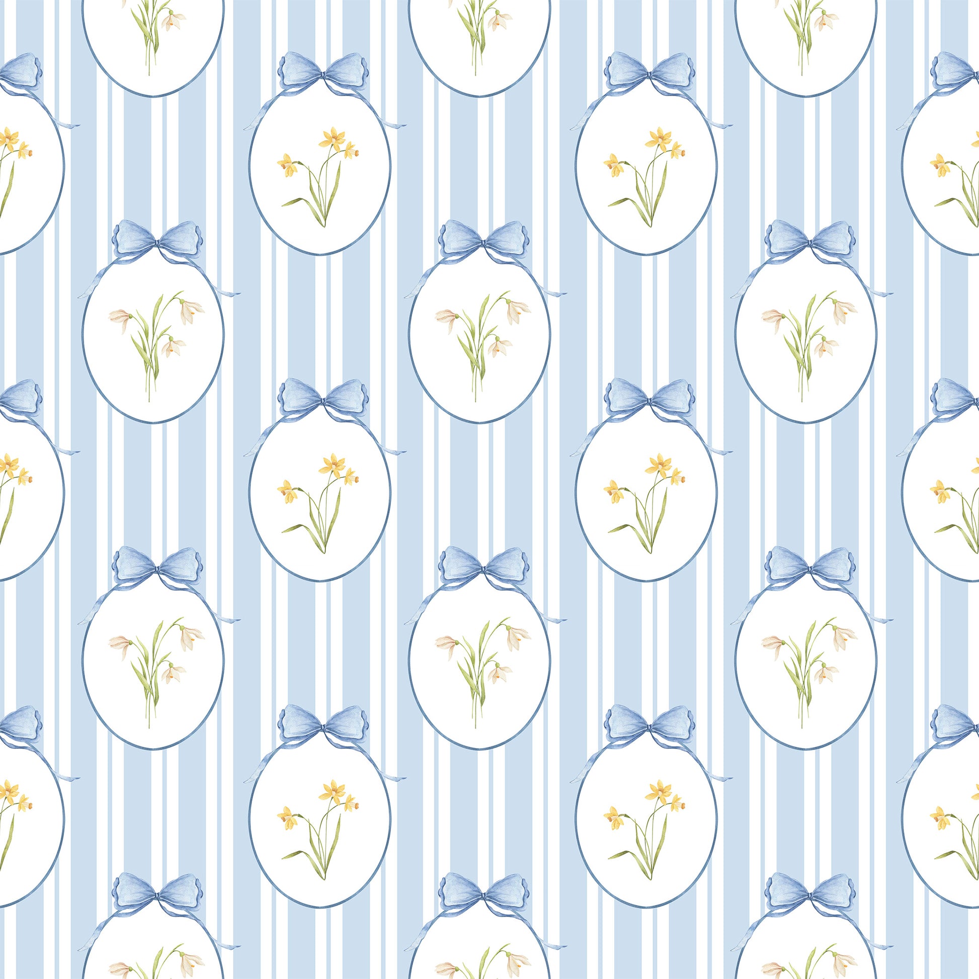 Snowdrops Pinstripe Accent Wallpaper - Oval Medallion, Blue Background