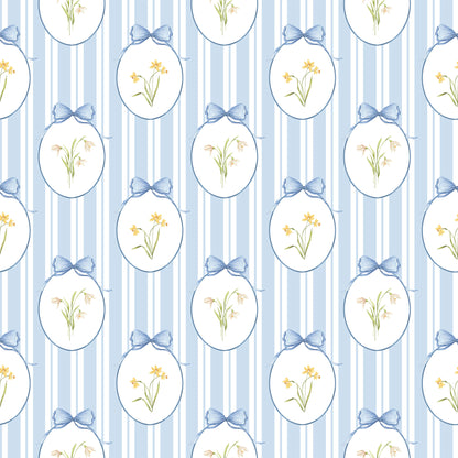 Snowdrops Pinstripe Accent Wallpaper - Oval Medallion, Blue Background