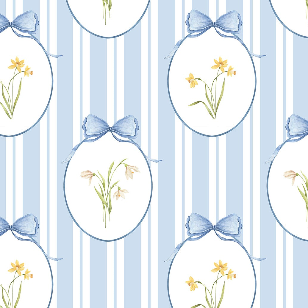 Snowdrops Pinstripe Accent Wallpaper - Oval Medallion, Blue Background