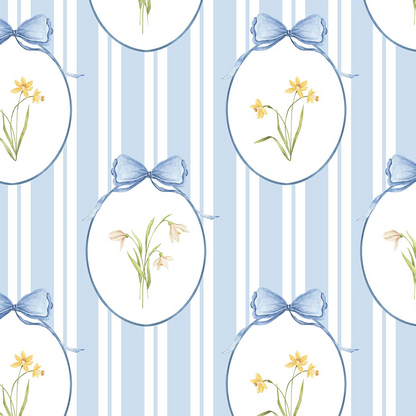 Snowdrops Pinstripe Accent Wallpaper - Oval Medallion, Blue Background