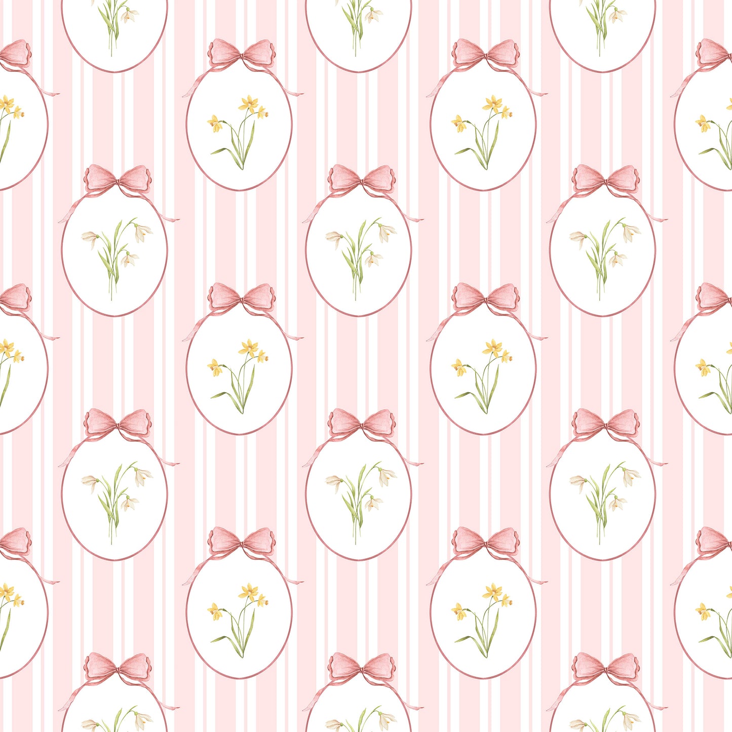 Snowdrops Pinstripe Accent Wallpaper - Oval Medallion, Coral Background