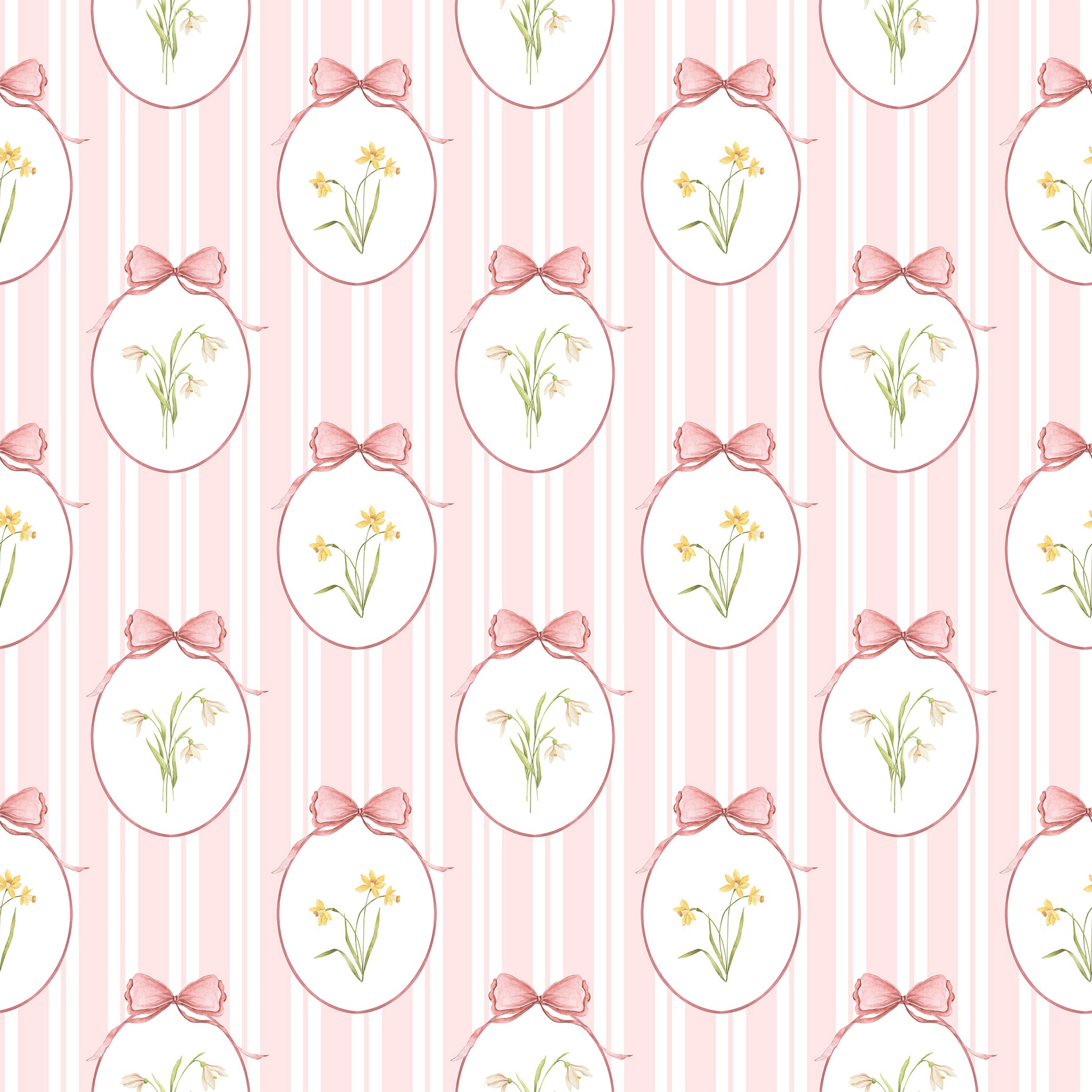Snowdrops Pinstripe Accent Wallpaper - Oval Medallion, Coral Background