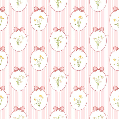 Snowdrops Pinstripe Accent Wallpaper - Oval Medallion, Coral Background