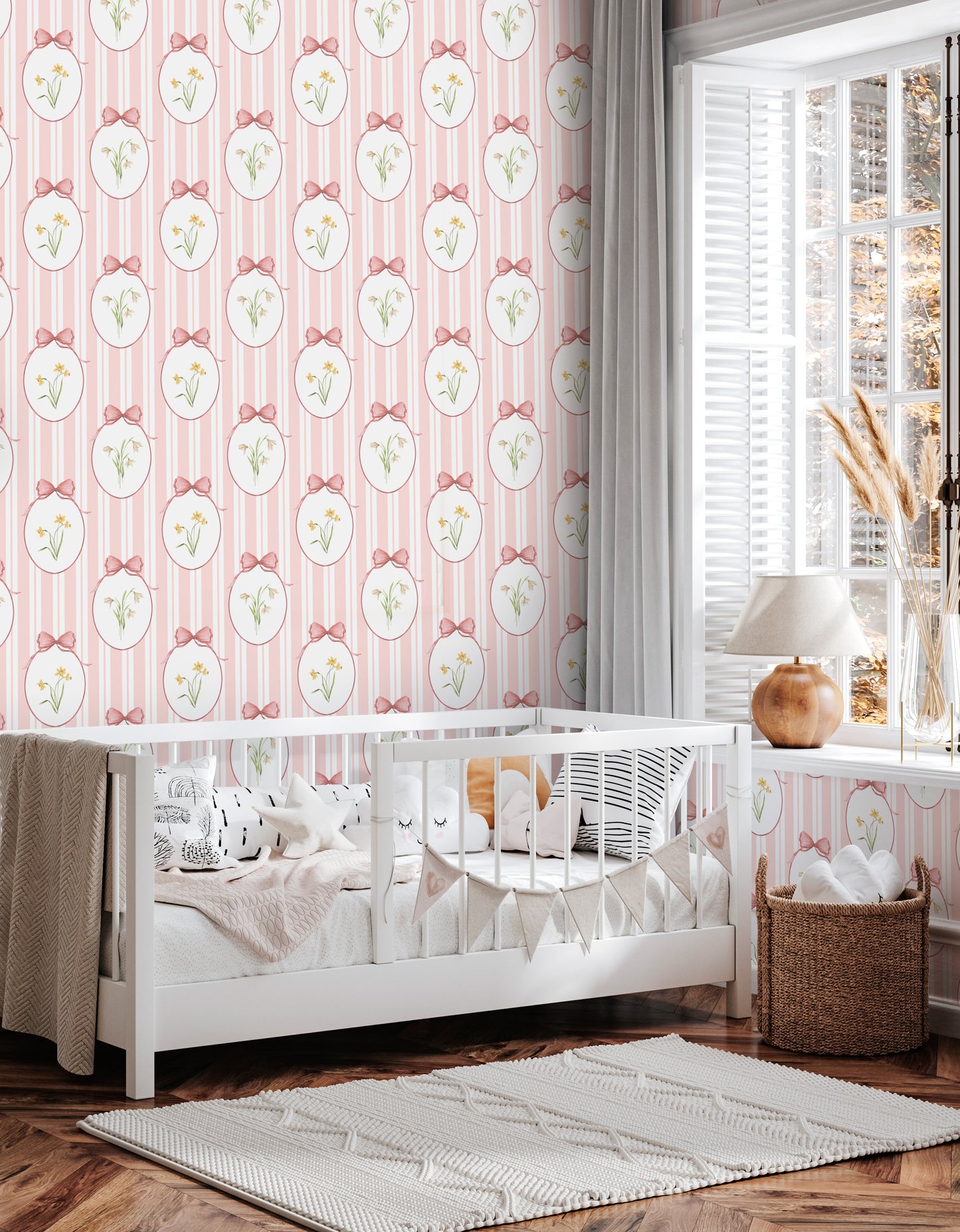 Snowdrops Pinstripe Accent Wallpaper - Oval Medallion, Coral Background