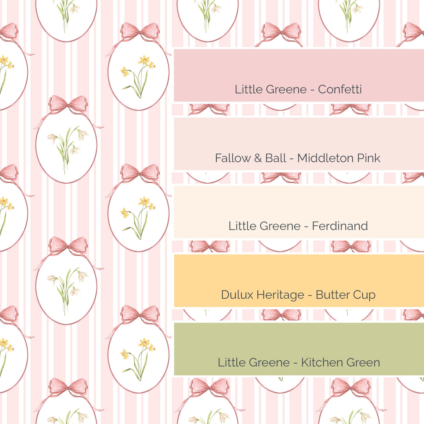 Snowdrops Pinstripe Accent Wallpaper - Oval Medallion, Coral Background