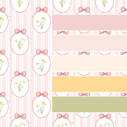 Snowdrops Pinstripe Accent Wallpaper - Oval Medallion, Coral Background