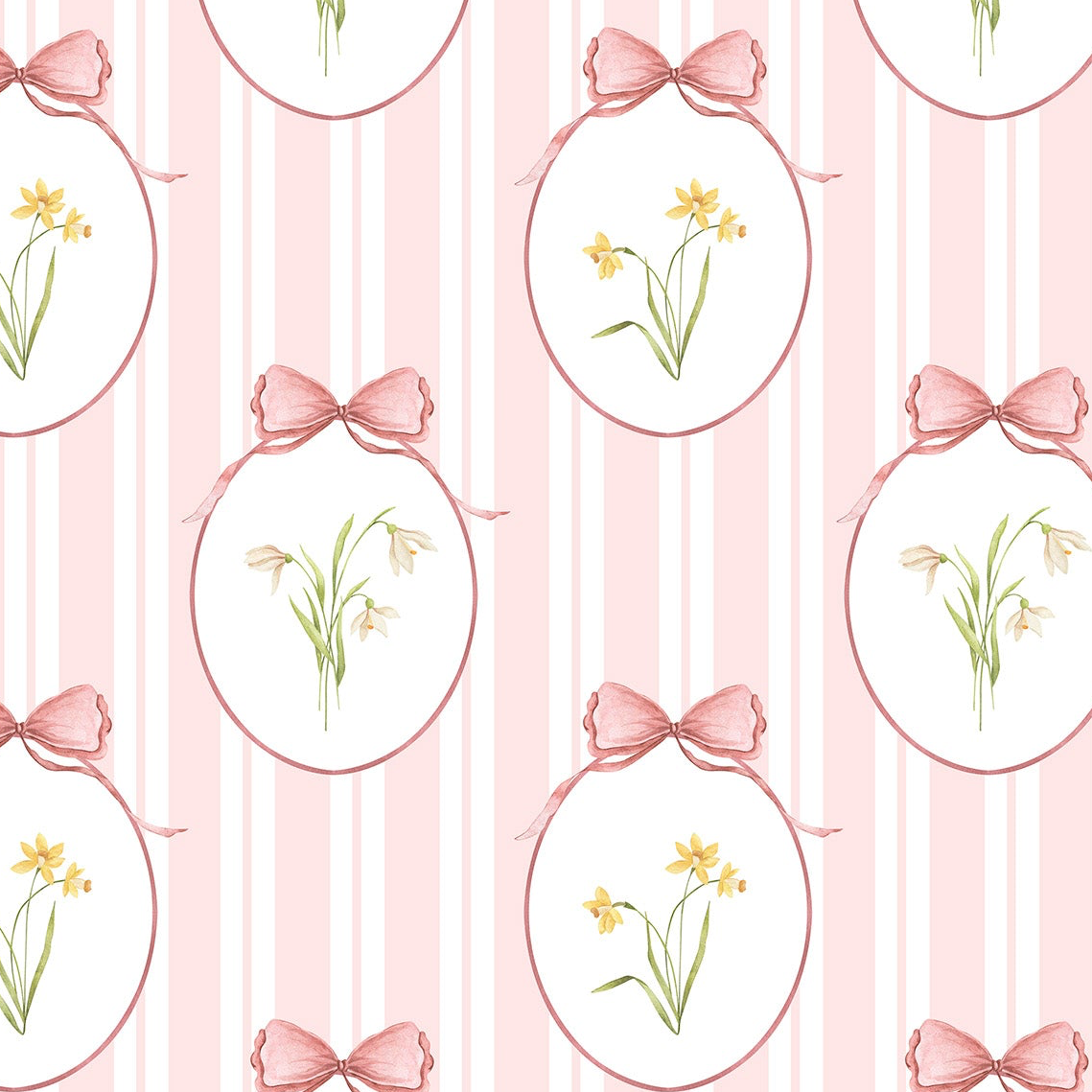Snowdrops Pinstripe Accent Wallpaper - Oval Medallion, Coral Background