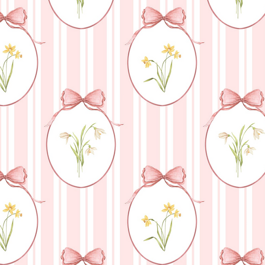 Snowdrops Pinstripe Accent Wallpaper - Oval Medallion, Coral Background
