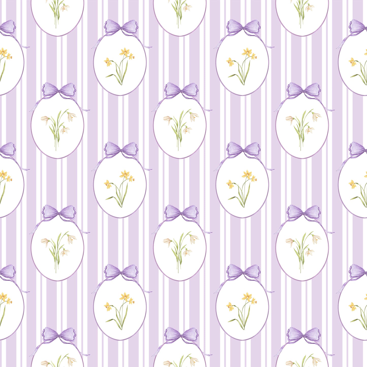 Snowdrops Pinstripe Accent Wallpaper - Oval Medallion, Lilac Background