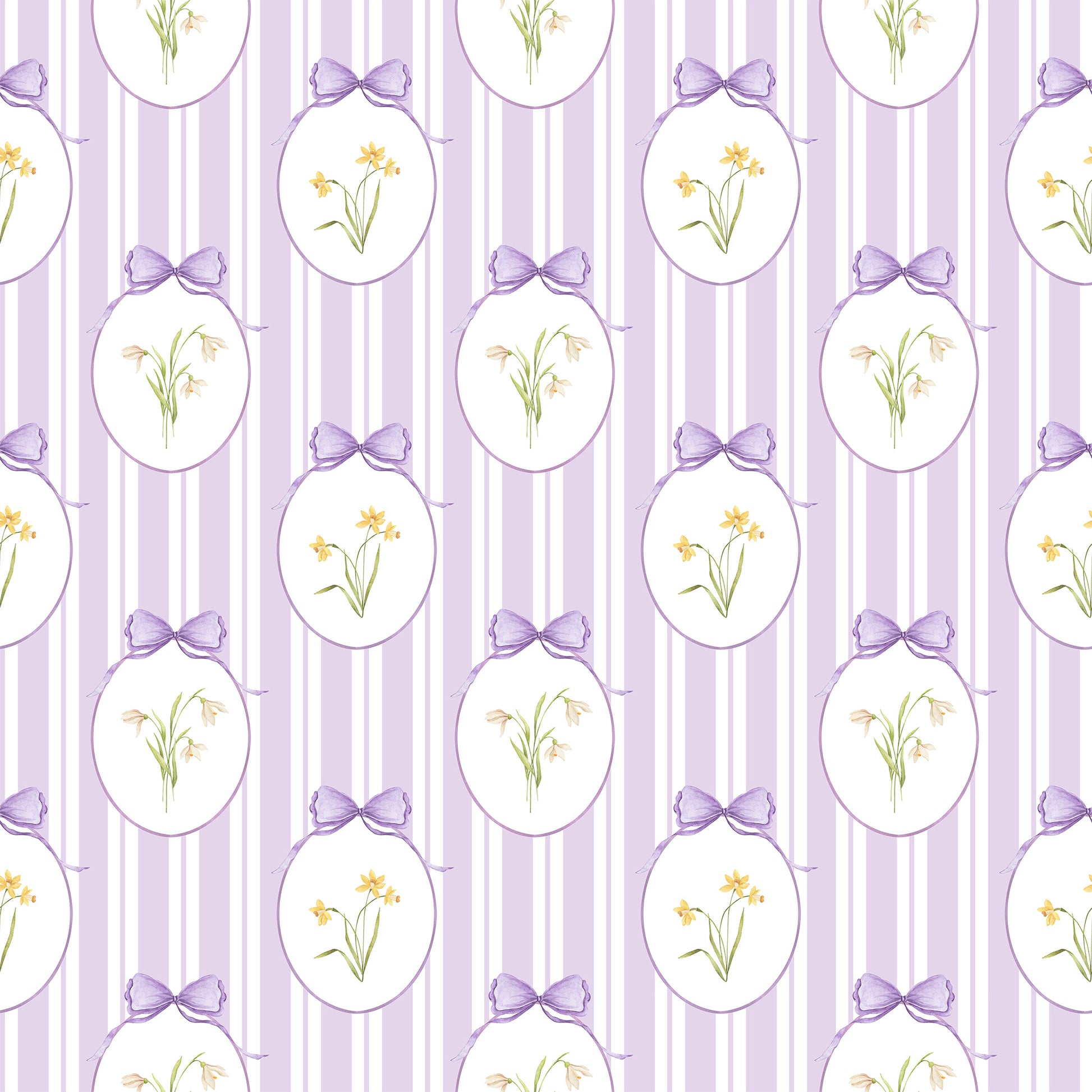 Snowdrops Pinstripe Accent Wallpaper - Oval Medallion, Lilac Background