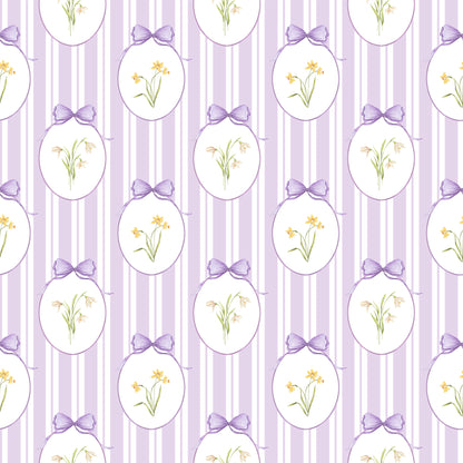 Snowdrops Pinstripe Accent Wallpaper - Oval Medallion, Lilac Background