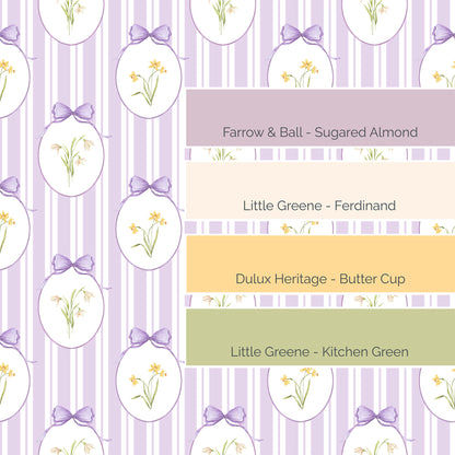 Snowdrops Pinstripe Accent Wallpaper - Oval Medallion, Lilac Background