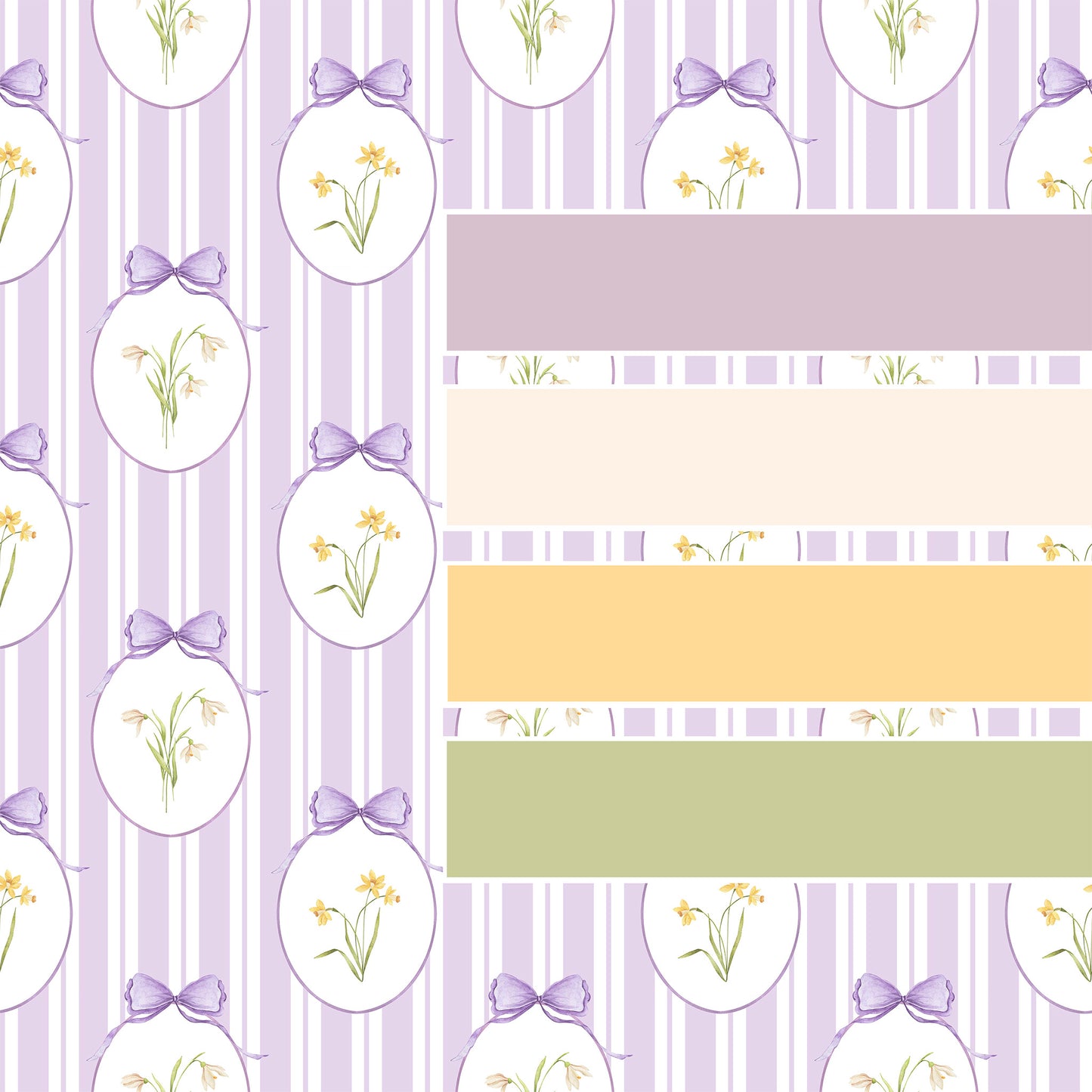 Snowdrops Pinstripe Accent Wallpaper - Oval Medallion, Lilac Background
