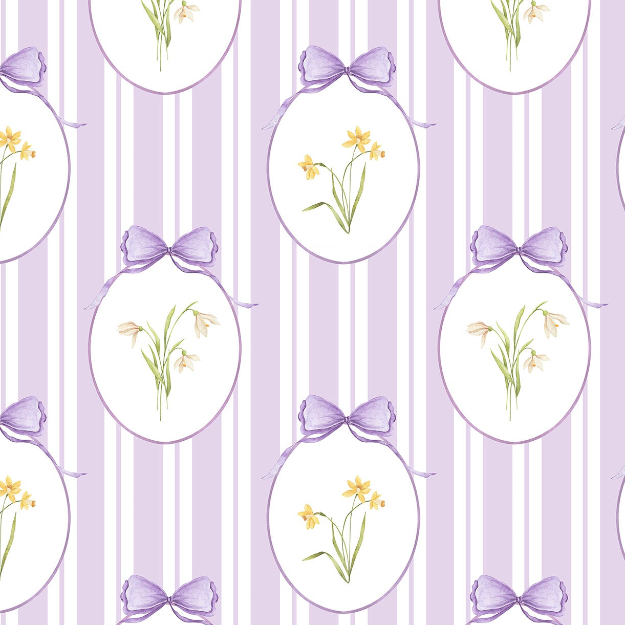 Snowdrops Pinstripe Accent Wallpaper - Oval Medallion, Lilac Background