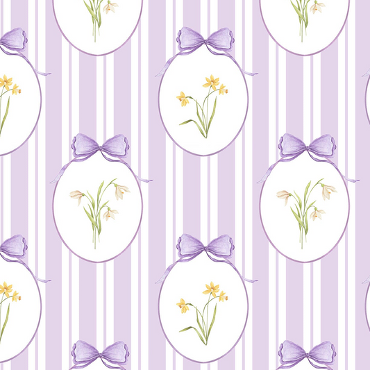 Snowdrops Pinstripe Accent Wallpaper - Oval Medallion, Lilac Background