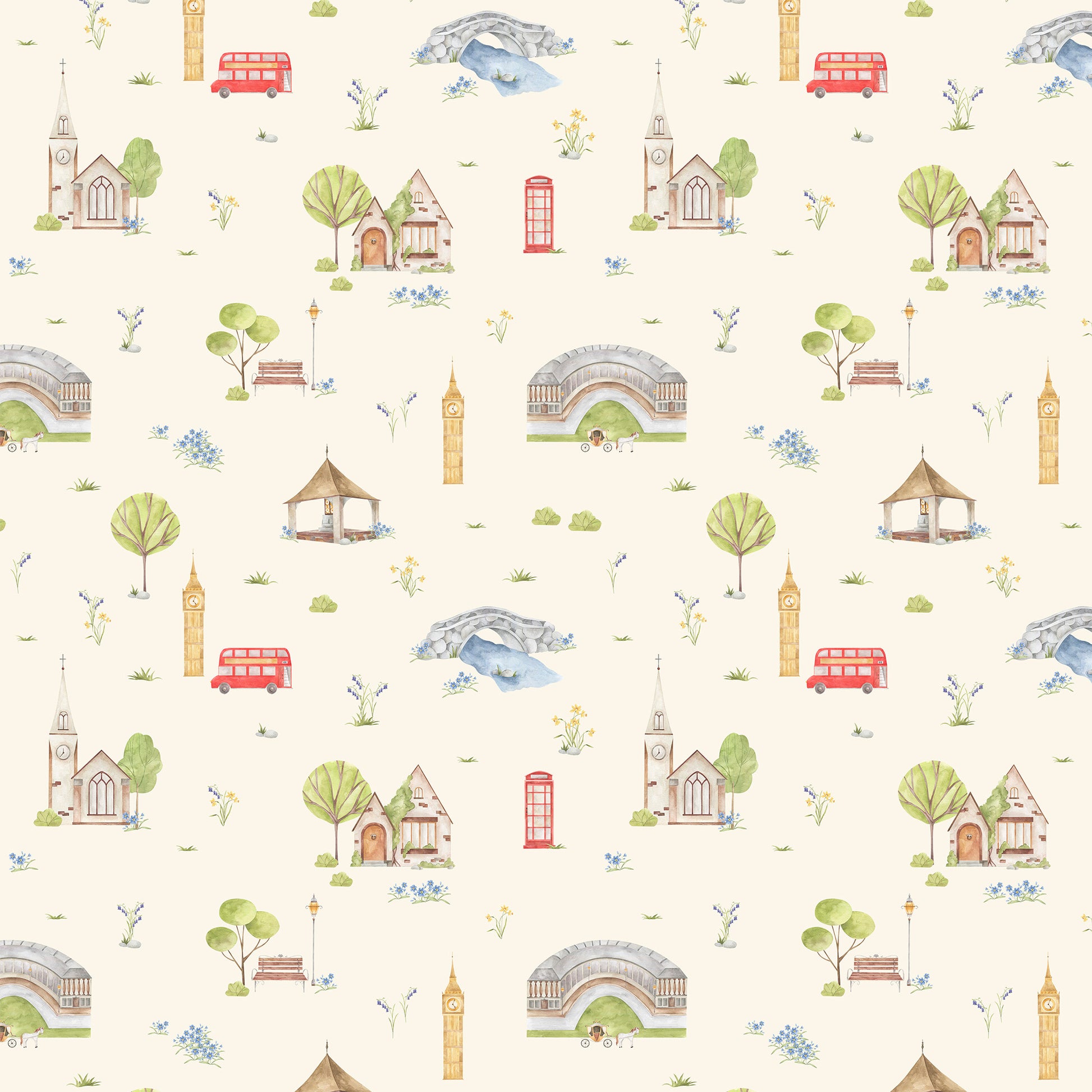 Town & Country Wallpaper - Cream Background, Blue Flowers