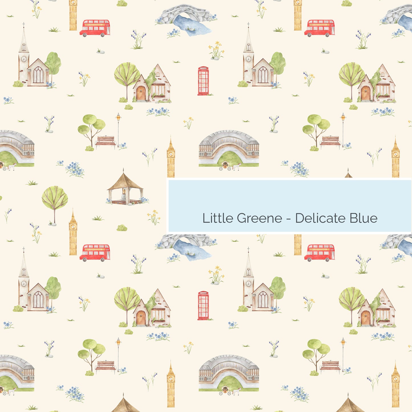 Town & Country Wallpaper - Cream Background, Blue Flowers