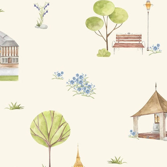 Town & Country Wallpaper - Cream Background, Blue Flowers