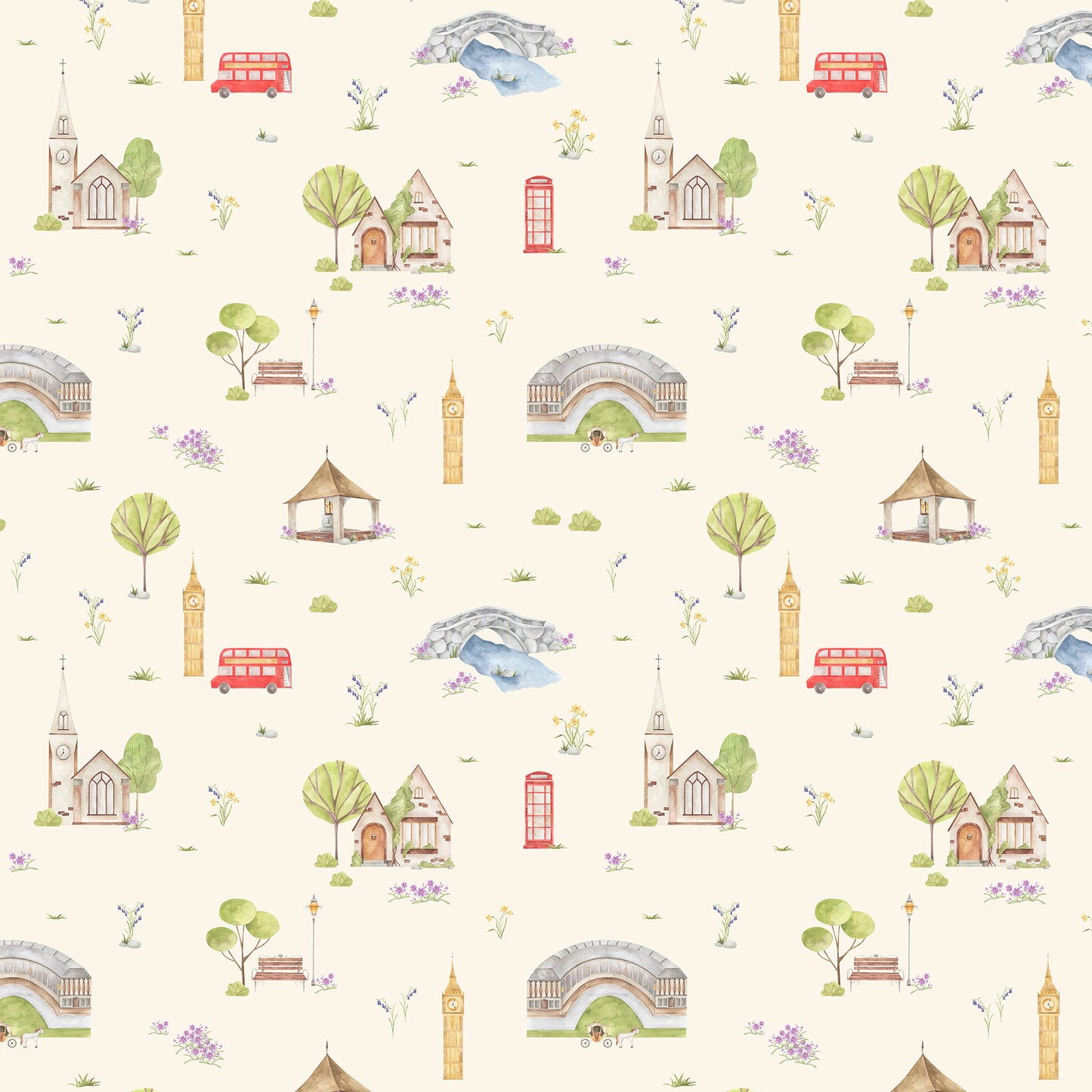 Town & Country Wallpaper - Cream Background, Lilac Flowers