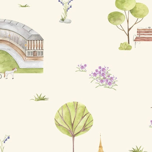 Town & Country Wallpaper - Cream Background, Lilac Flowers