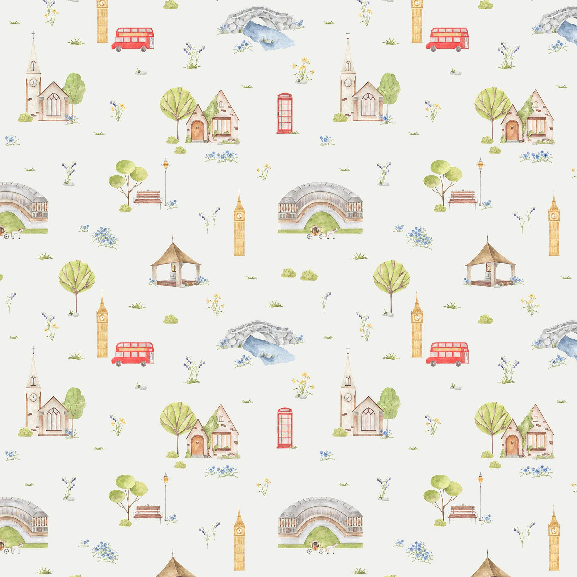 Town & Country Wallpaper - Grey Background, Blue Flowers