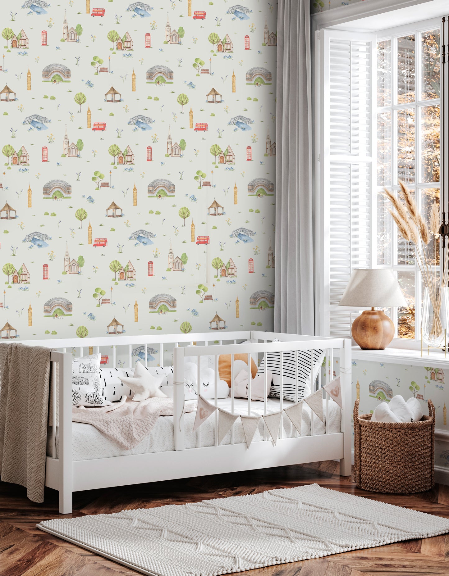 Town & Country Wallpaper - Grey Background, Blue Flowers